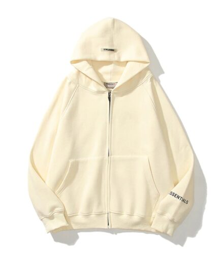 Essentials Reflective Print Zip-up Oversized Cream Hoodie